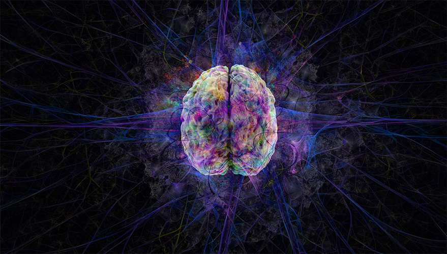 Glowing multicolored brain centered on a dark background with vibrant, web-like light strands radiating outward