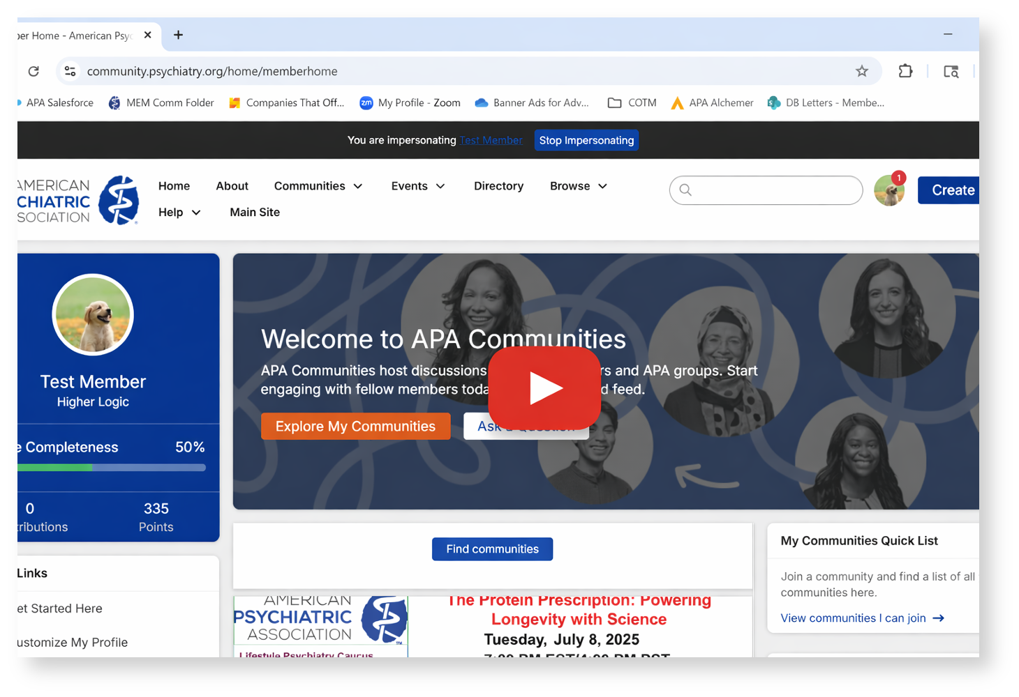 screenshot of the homepage of APA Communities online dashboard