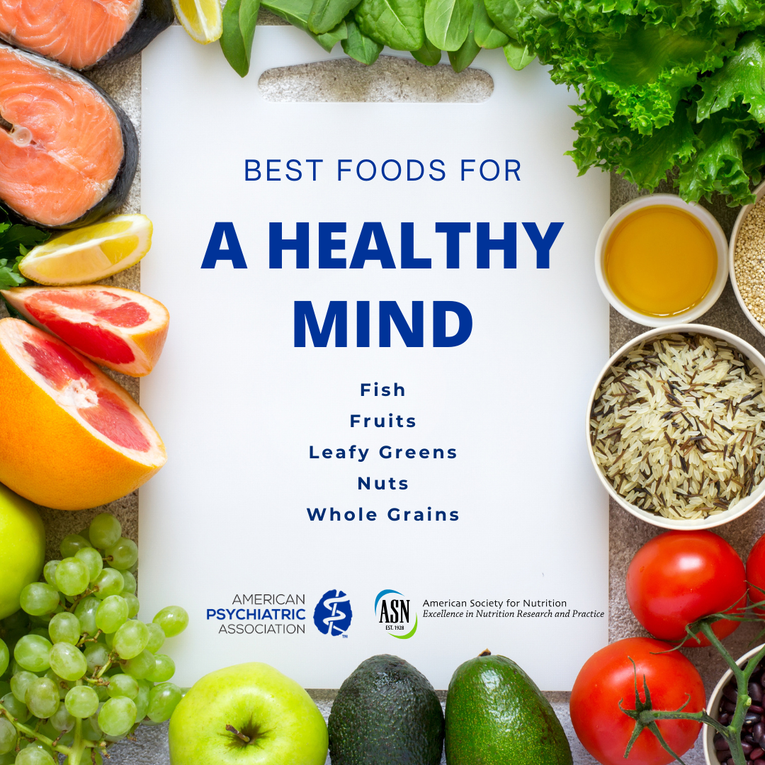 Best foods for a healthy mind; fish, fruits, leafy greens, nuts, whole grains